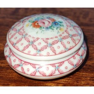 Miniature round lidded porcelain trinket box Forart Porcelanas Portugal hand-pai